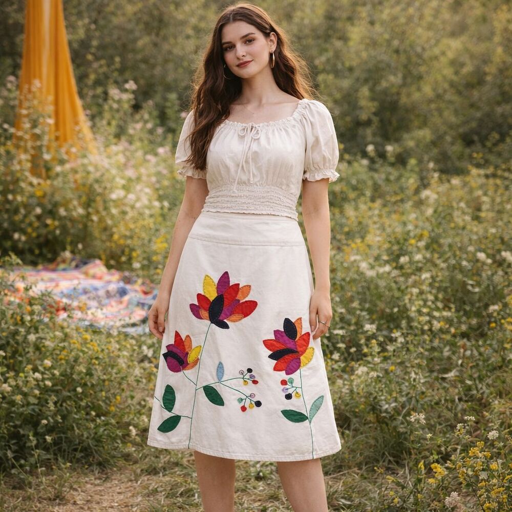 Boden Cream Floral Patchwork Skirt 6R Boho Spring Cottagecore 70s Retro Indie